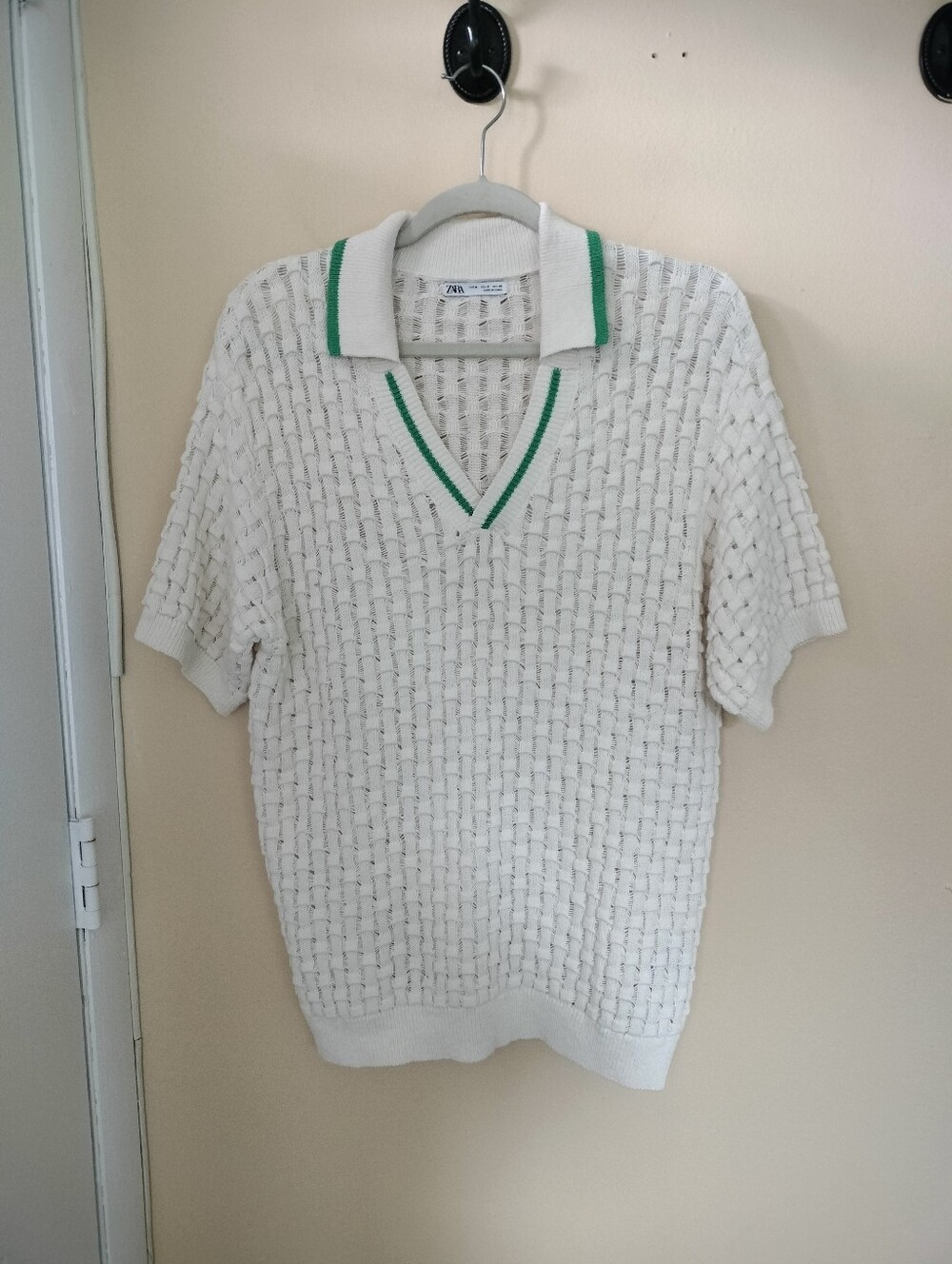 Zara Mens Ivory Linen Cotton Blend Open Knit  Polo Sweater M Preppy Vacation